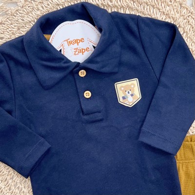 Conj. Body Gola Polo Ursinho e Calça - Marinho e Caramelo